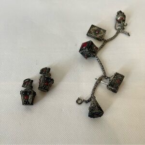Vintage 900 Silver Italian Etruscan Charm Bracelet & Clip On Earrings Set